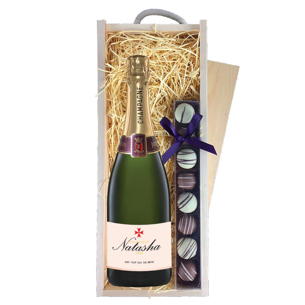 Personalised Champagne - Rose Label & Truffles, Wooden Box