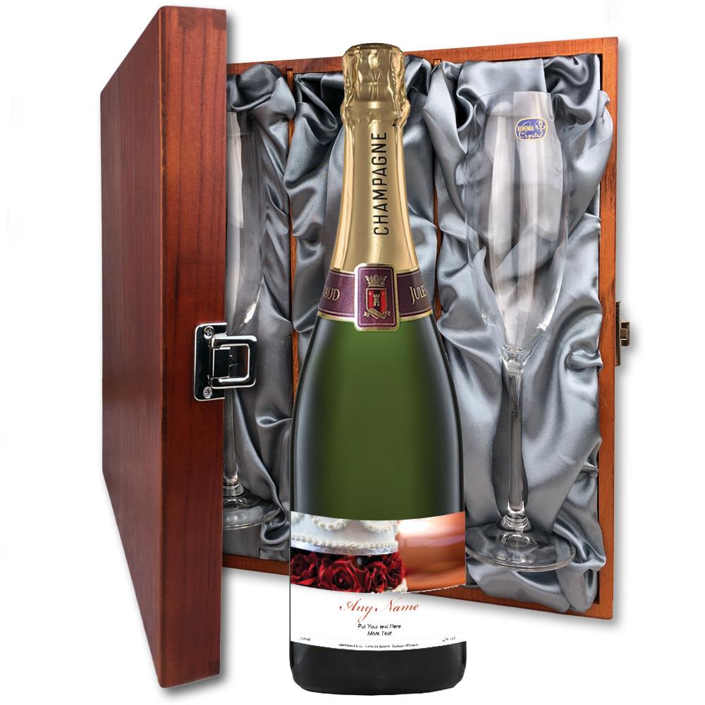 Personalised Champagne - Wedding Cake Label And Flutes In Luxury Presentation Box