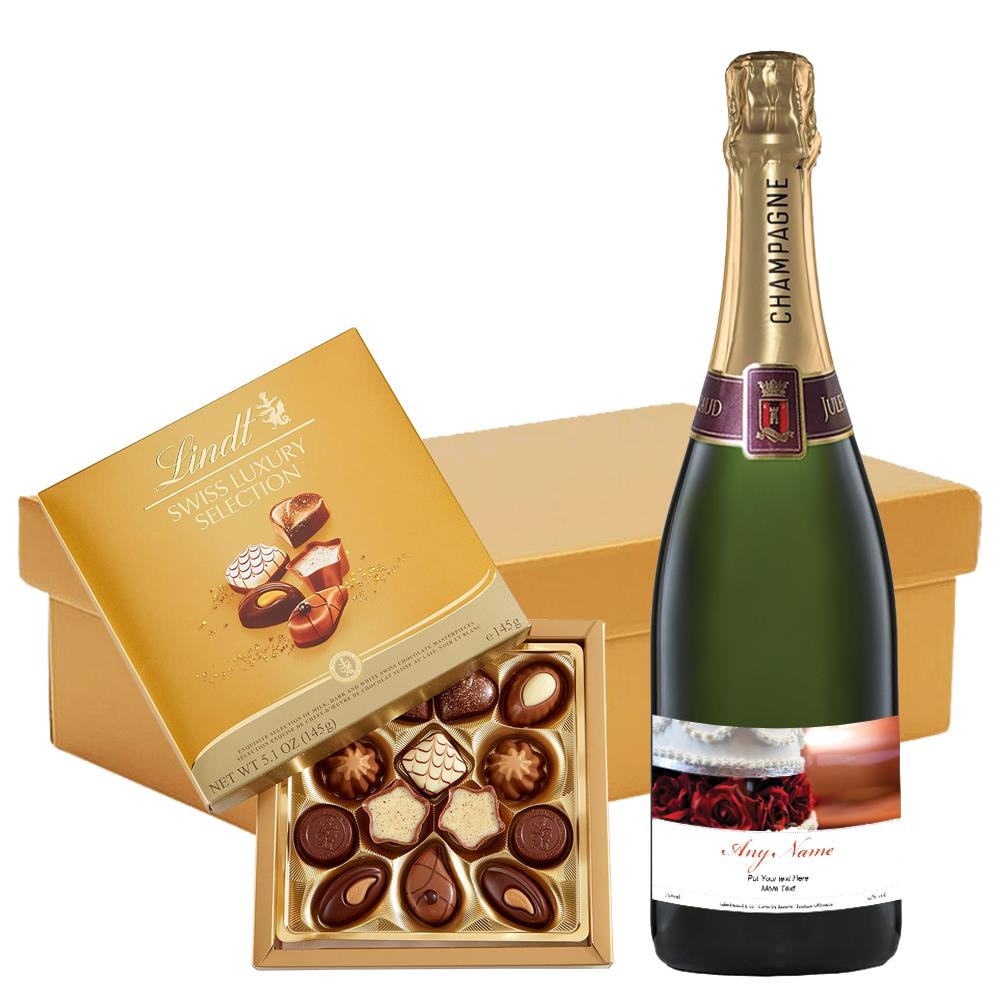 Personalised Champagne - Wedding Cake Label And Lindt Swiss Chocolates Hamper