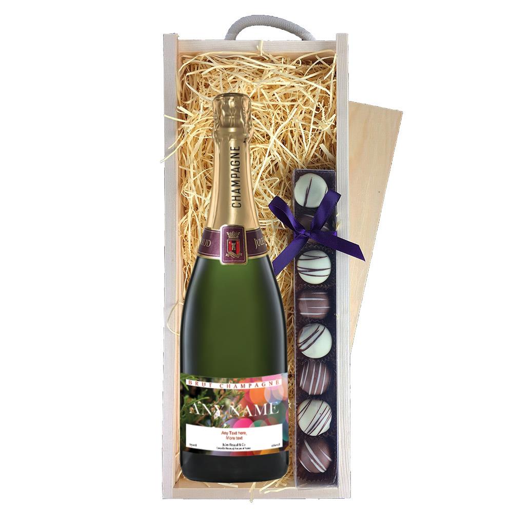 Personalised Champagne - Xmas 1 Label & Truffles, Wooden Box