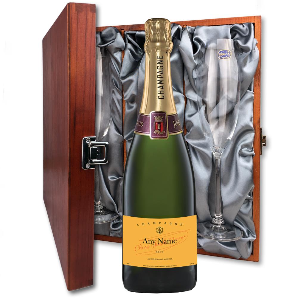Personalised Champagne - Yellow Label And Flutes In Luxury Presentation Box