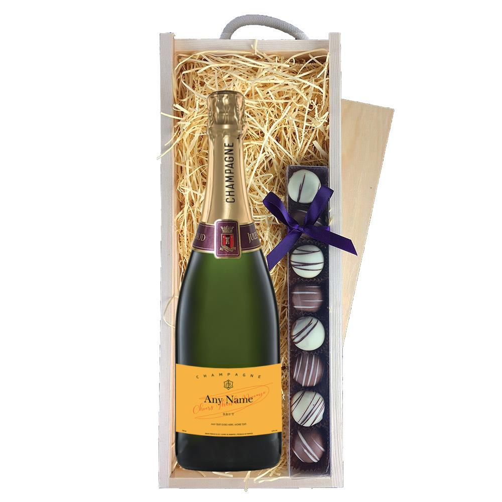 Personalised Champagne - Yellow Label & Truffles, Wooden Box