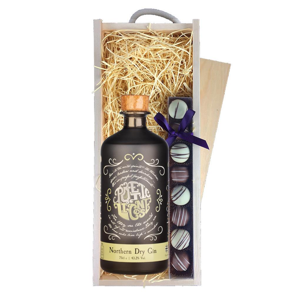 Poetic License Northern Dry Gin 70cl & Truffles, Wooden Box