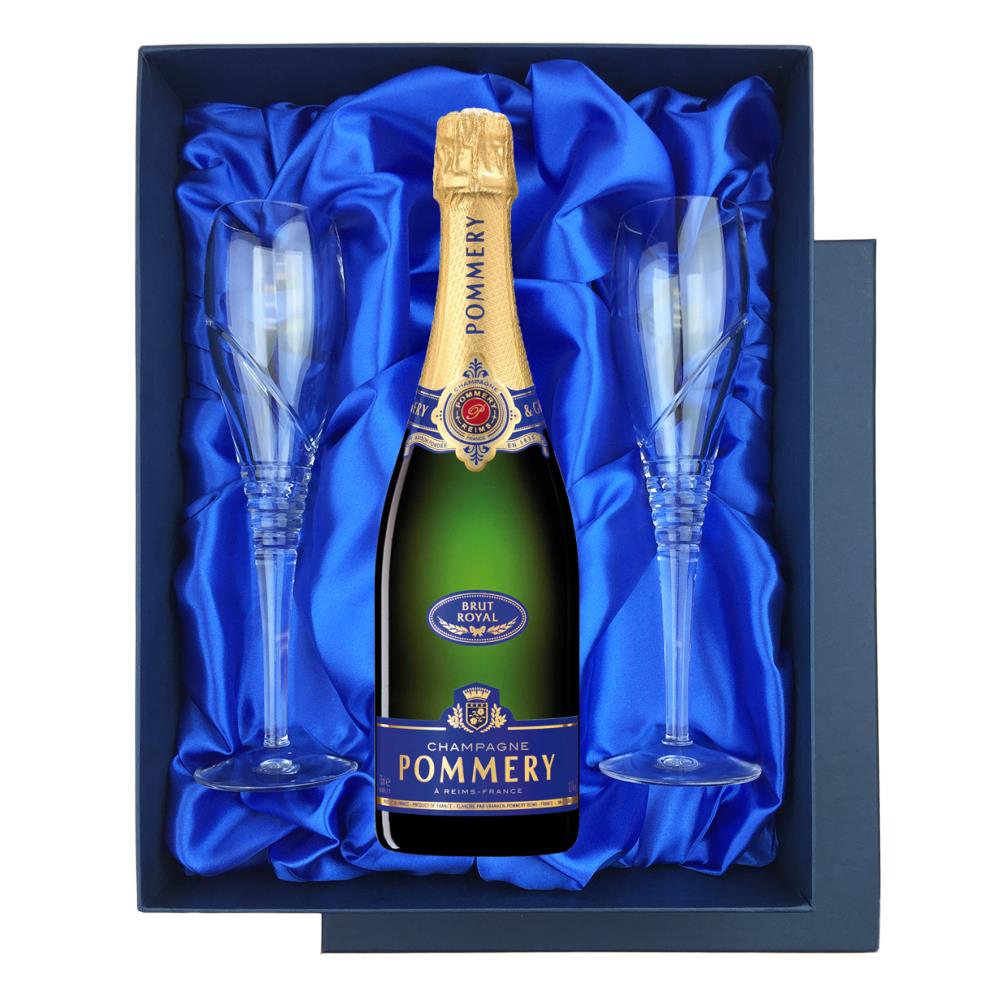 Pommery Brut Royal Champagne 75cl in Blue Luxury Presentation Set With Flutes