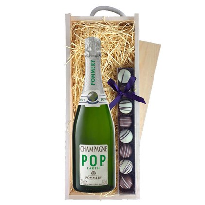 Pommery Pop Earth Champagne 75cl & Truffles, Wooden Box | online for UK nationwide delivery | Gifts UK & International