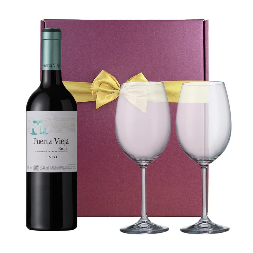 Puerta Vieja Rioja Tinto 75cl Red Wine And Bohemia Glasses In A Gift Box