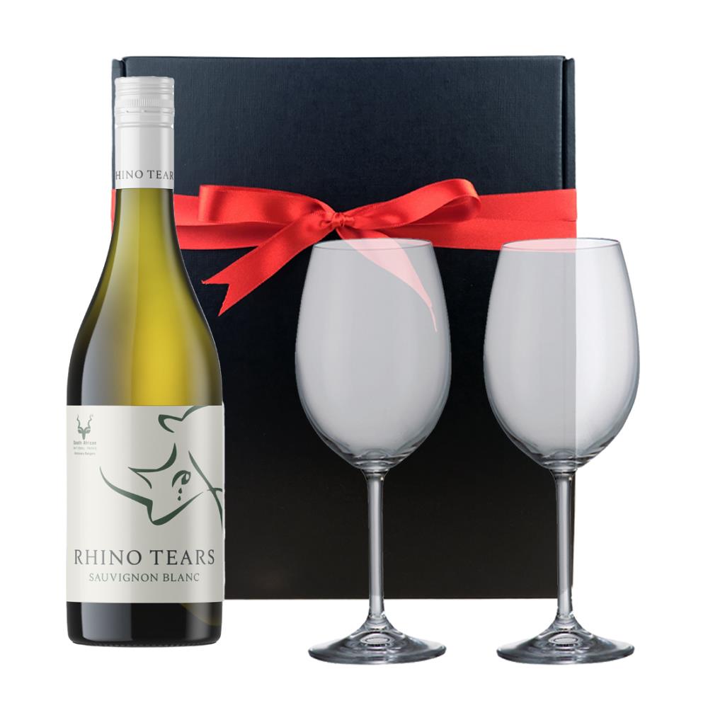 Rhino Tears Sauvignon Blanc 75cl And Bohemia Glasses In A Gift Box