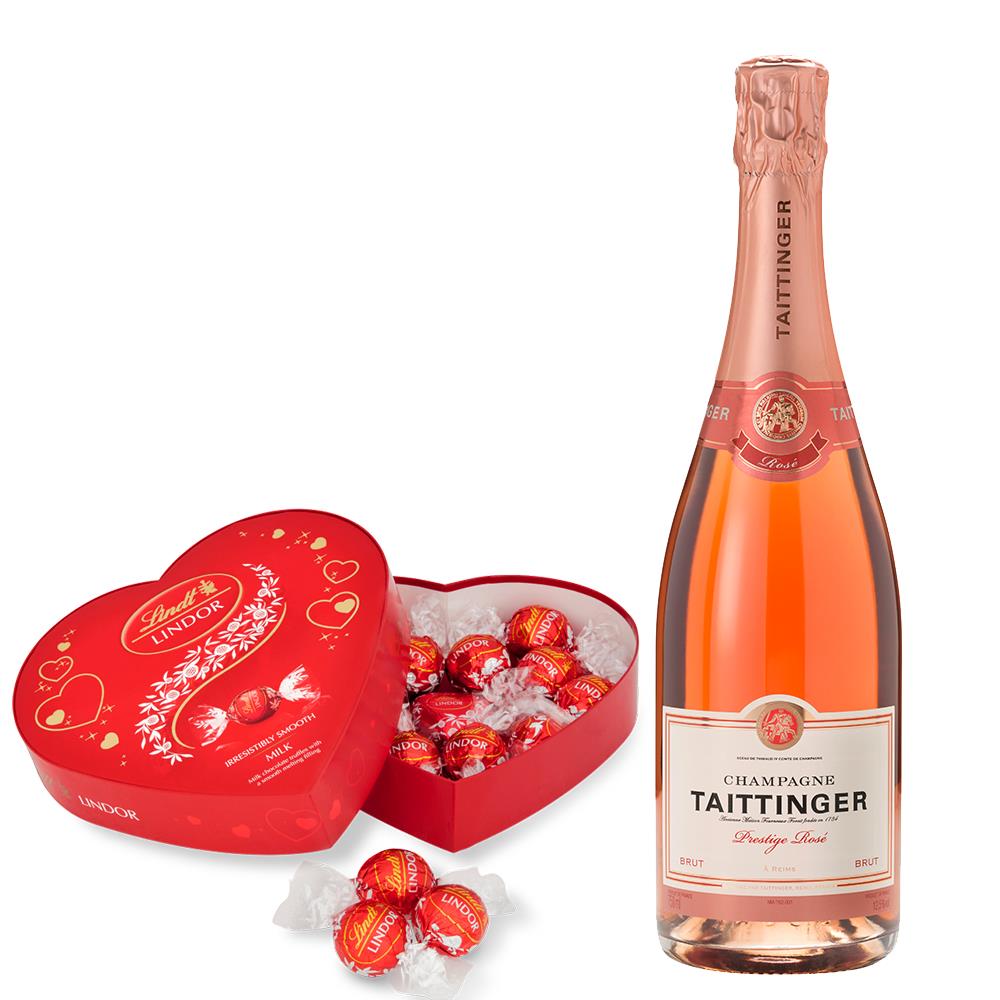 Taittinger Prestige Rose NV Champagne 75cl And Lindt Lindor Armour Heart Milk Truffle Box 160g