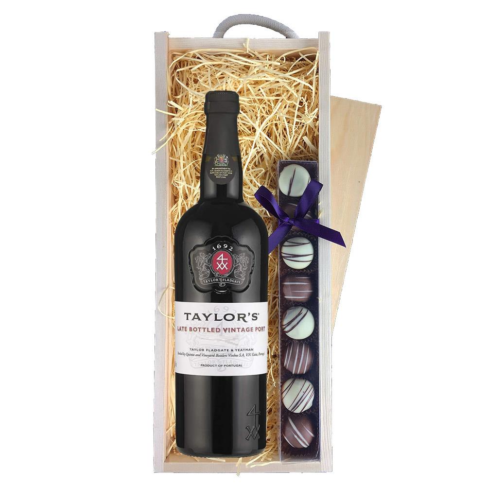 Taylors Late Bottled Vintage Port 70cl And Truffles, Wooden Box