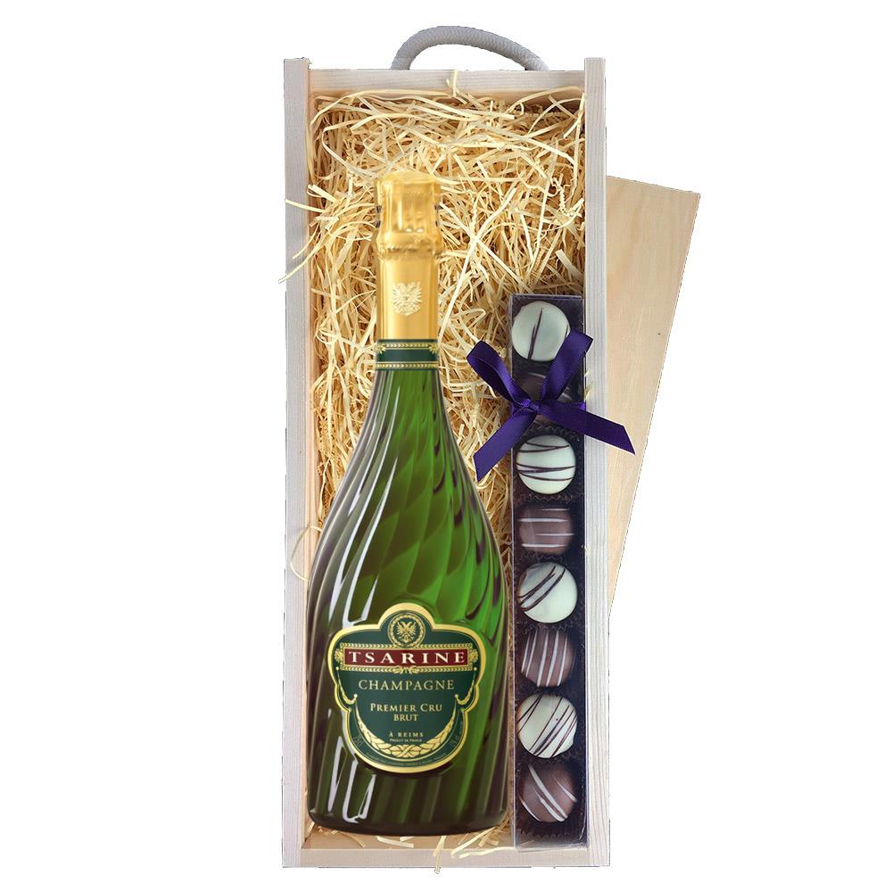 Tsarine Premier Cru Brut Champagne 75cl & Truffles, Wooden Box