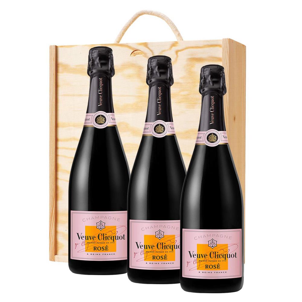 Veuve Clicquot Rose 75cl Trio Wooden Gift Boxed Champagne (3x75cl)