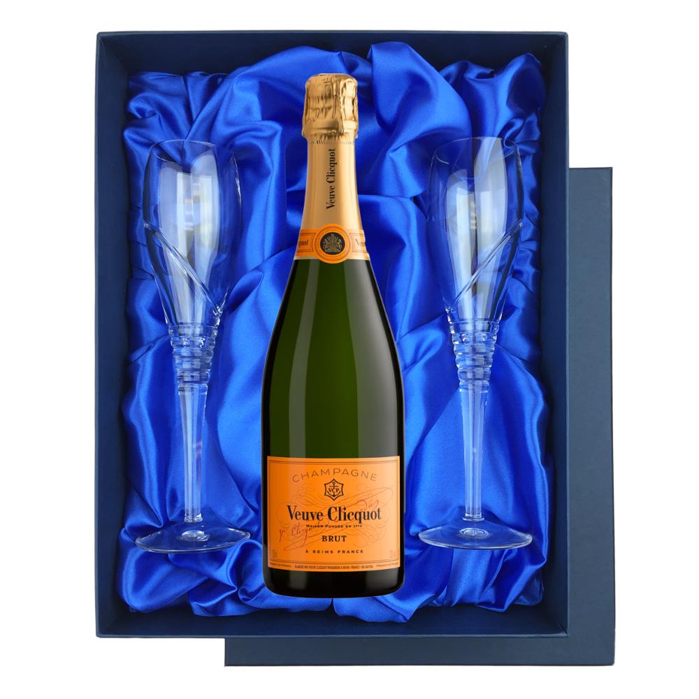 Veuve Clicquot Yellow Label Brut 75cl in Blue Luxury Presentation Set With Flutes
