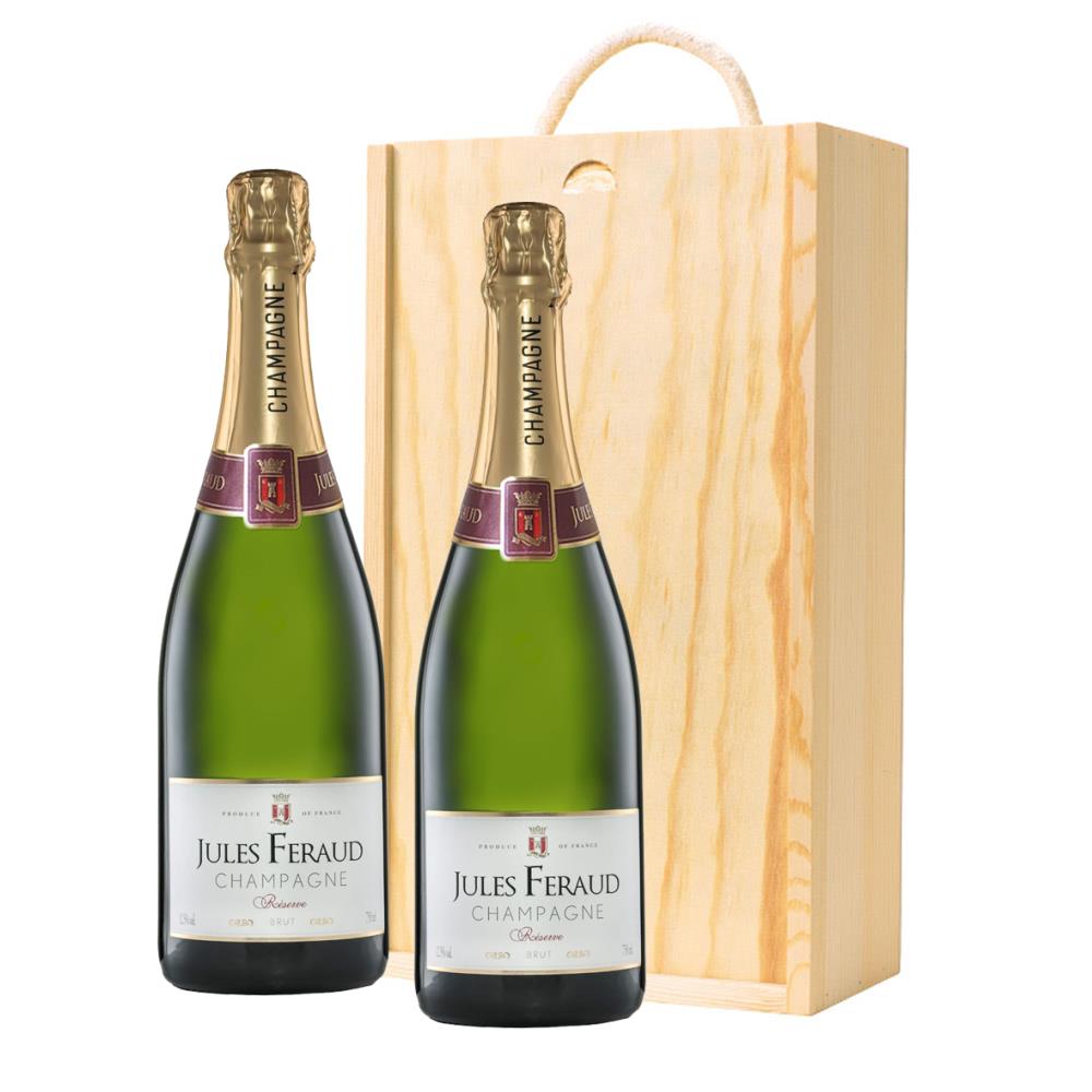 Wooden Box Champagne Duo of Jules Feraud Brut 75cl Gift Sets (2x75cl)