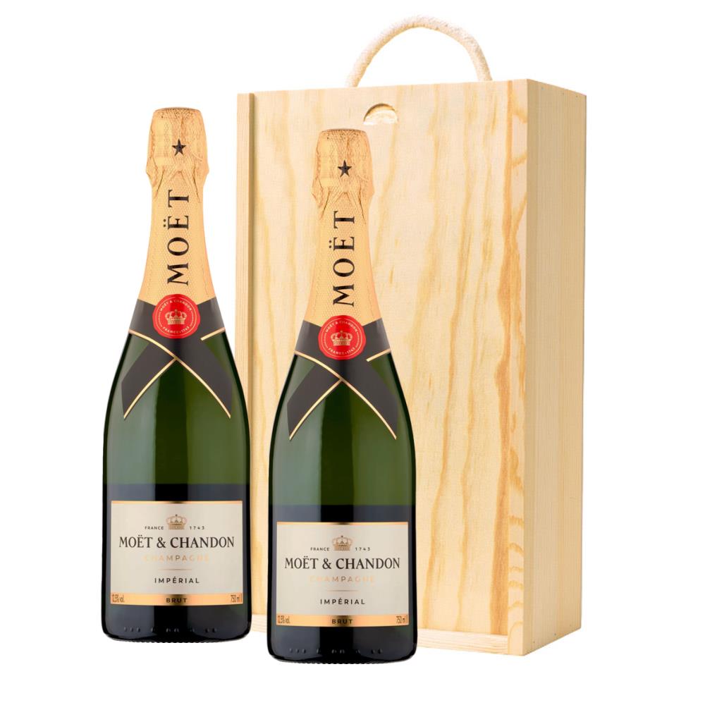 Wooden Box Champagne Duo of Moet & Chandon Brut Champagne 75cl Gift Sets (2x75cl)