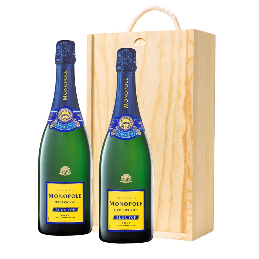 Wooden Box Champagne Duo of Monopole Blue Top Brut Champagne 75cl Gift Sets (2x75cl)