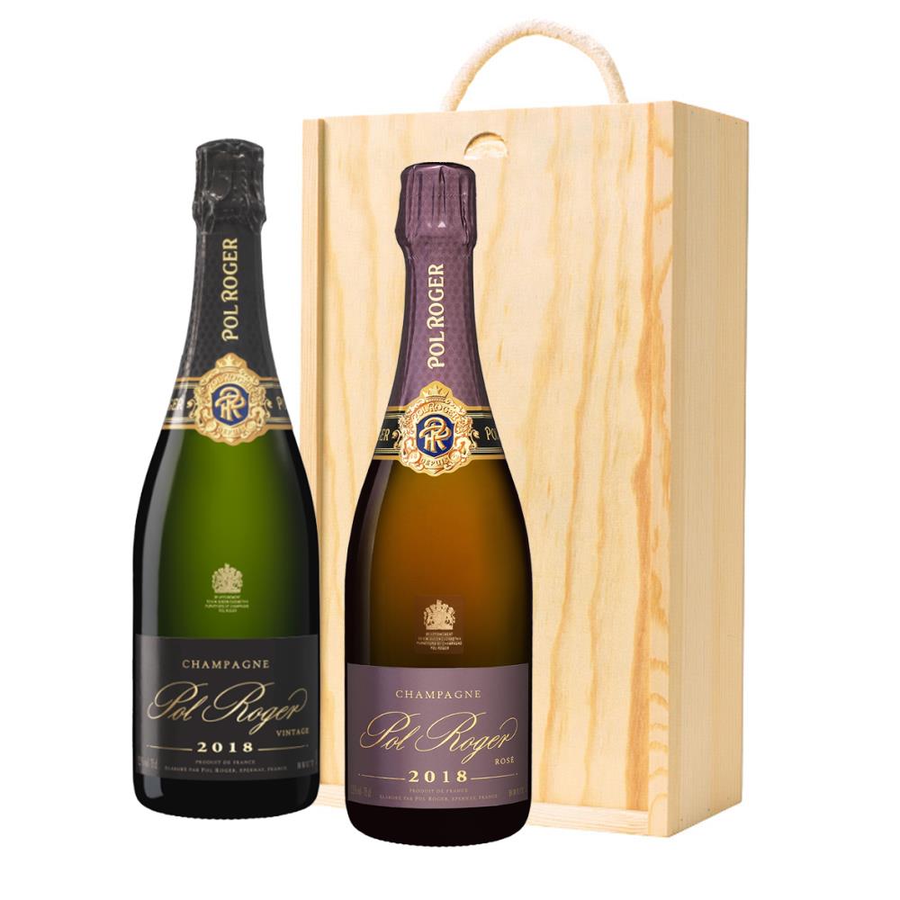 Wooden Box Champagne Duo of Pol Roger Brut Vintage and Rose Vintage Gift Sets (2x75cl)