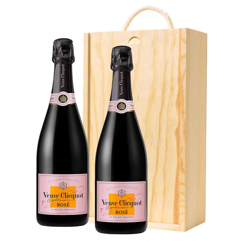 wooden box champagne duo of veuve clicquot rose 75cl gift sets