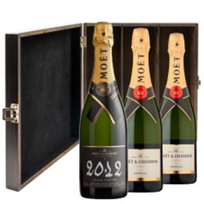 Buy 2 x Moet Brut And 1 x Moet Vintage Trio Elm Wood Gift Boxed
