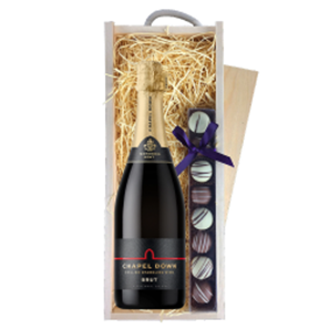 Buy Chapel Down Brut NV English Sparkling Wine & Truffles, Wooden Box