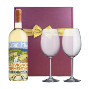 Buy Cote Mas Blanc Sauvignon Vermentino 75cl White Wine & Wine Glasses Gift Box