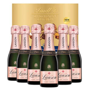 Buy Mini Lanson Le Rose Creation Champagne 20cl Case of 6 with Lindt Swiss Tradition Chocolates 193g
