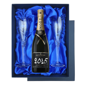 Buy Moet And Chandon Brut, Vintage, 2013-15 in Blue Luxury Presentation Set With Flutes
