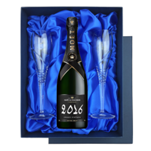 Buy Moet & Chandon Grand Vintage 2016 Extra Brut Champagne 75cl in Blue Luxury Presentation Set With Flutes