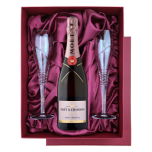Buy Moet & Chandon Rose 75cl in Burgundy Presentation Set With Flutes