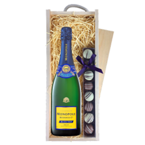 Buy Monopole Blue Top Brut Champagne 75cl & Truffles, Wooden Box