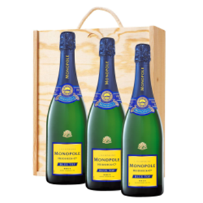 Buy Monopole Blue Top Brut Champagne 75cl Trio Pine Wooden Gift Box (3x75cl)
