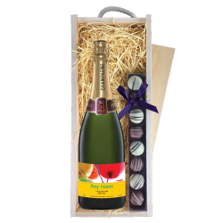 Buy Personalised Champagne - Birthday Balloons Label & Truffles, Wooden Box
