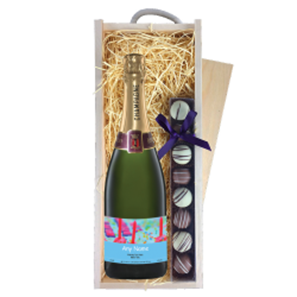 Buy Personalised Champagne - Cake & Candles Label & Truffles, Wooden Box