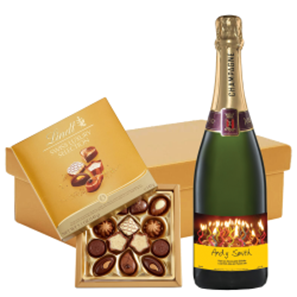Buy Personalised Champagne - Candles Label And Lindt Swiss Chocolates Hamper