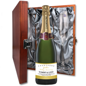 Buy Personalised Champagne - Golden Anniversary Label And Flutes In Luxury Presentation Box