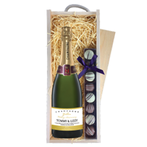 Buy Personalised Champagne - Golden Anniversary Label & Truffles, Wooden Box