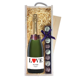 Buy Personalised Champagne - Love Label & Truffles, Wooden Box