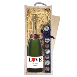 Buy Personalised Champagne - Love Label & Truffles, Wooden Box