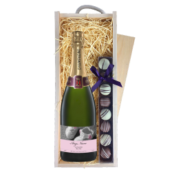 Buy Personalised Champagne - New Baby Girl Label & Truffles, Wooden Box