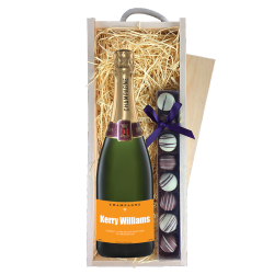 Buy Personalised Champagne - Orange Label & Truffles, Wooden Box