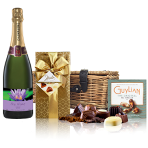 Buy Personalised Champagne - Purple Flower Label And Chocolates Hamper