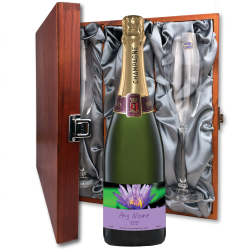 Buy Personalised Champagne - Purple Flower Label And Flutes In Luxury Presentation Box