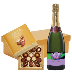Buy Personalised Champagne - Purple Flower Label And Lindt Swiss Chocolates Hamper