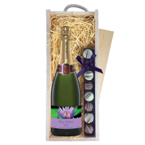 Buy Personalised Champagne - Purple Flower Label & Truffles, Wooden Box