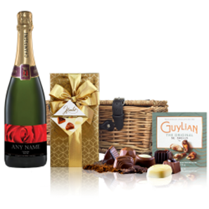 Buy Personalised Champagne - Red Rose Label And Chocolates Hamper