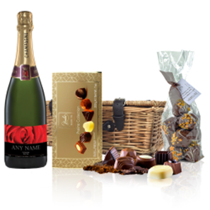 Buy Personalised Champagne - Red Rose Label And Chocolates Hamper