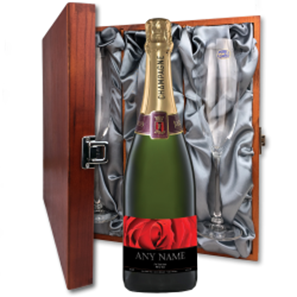 Buy Personalised Champagne - Red Rose Label And Flutes In Luxury Presentation Box