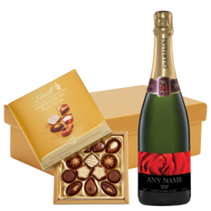 Buy Personalised Champagne - Red Rose Label And Lindt Swiss Chocolates Hamper