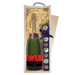 Buy Personalised Champagne - Red Rose Label & Truffles, Wooden Box
