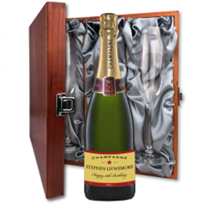 Buy Personalised Champagne - Red Star Label And Flutes In Luxury Presentation Box