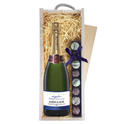 Buy Personalised Champagne - Sapphire Anniversary Label & Truffles, Wooden Box